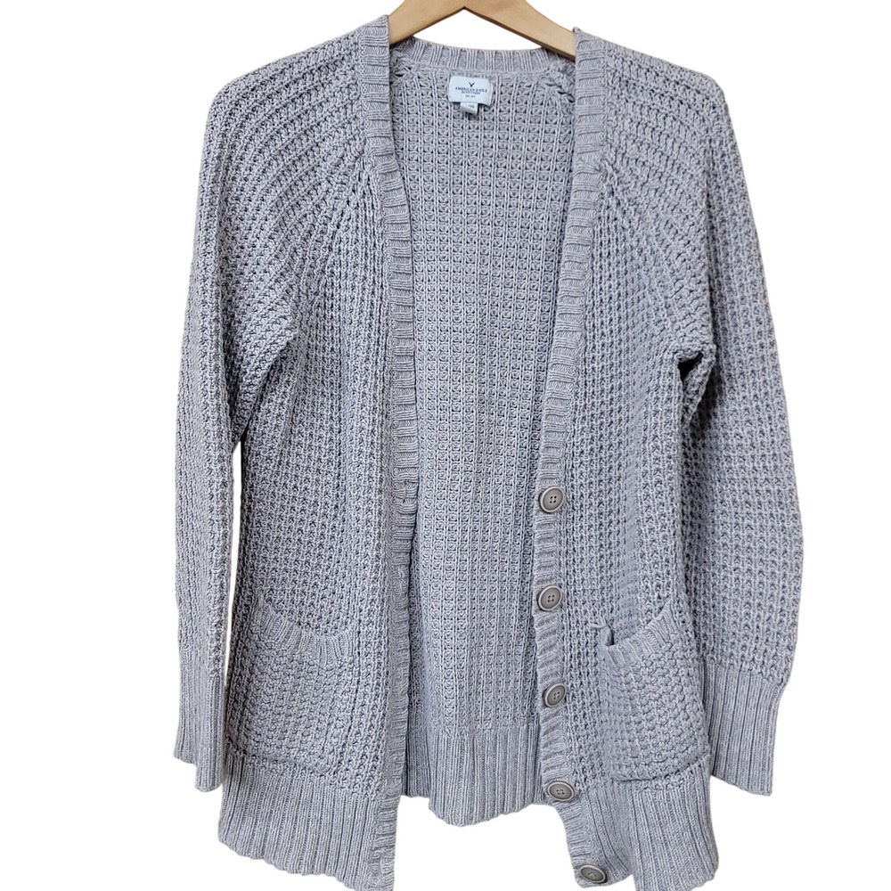 American Eagle Gray Waffle Knit Button‎ Cardigan Sweater Pockets Cozy Womens L